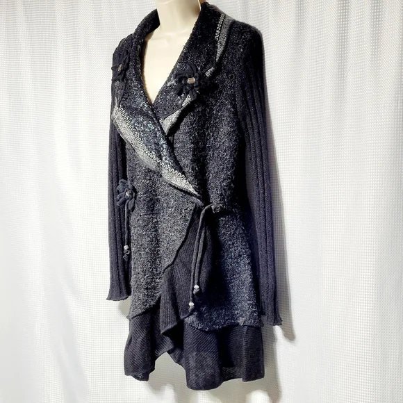 Sioni Women's Cardigan Vintage Inspired Artsy Black Wool & Mohair Blend (L) - Picture 4 of 15
